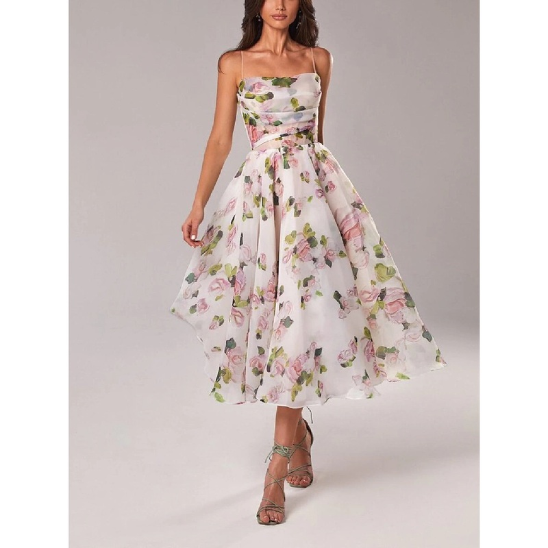 A-Line Homecoming Dresses Princess Dress Wedding Guest Holiday Tea Length Sleeveless Spaghetti Strap Organza with Print