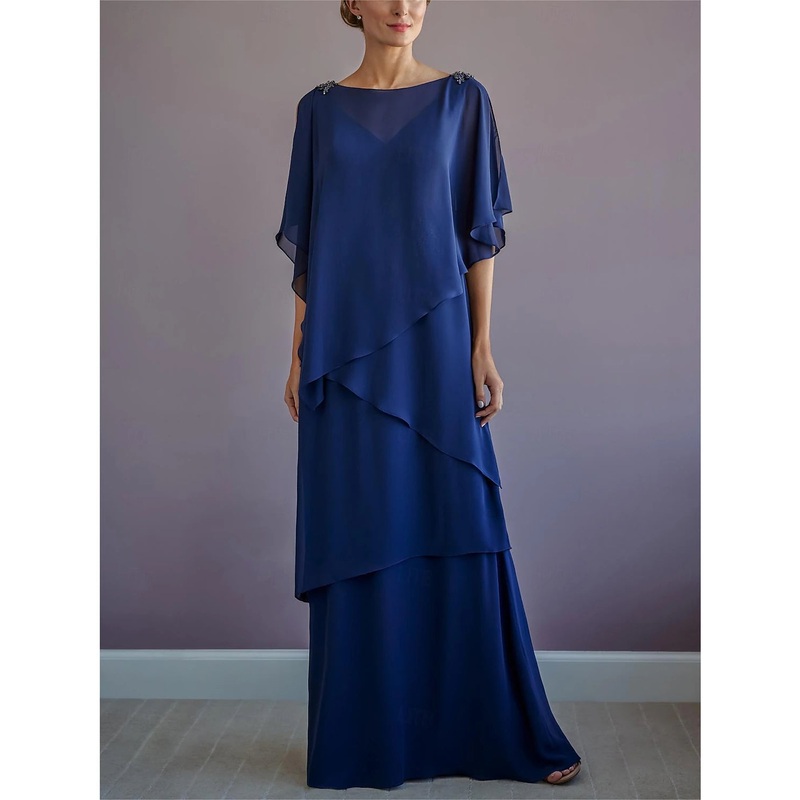 A-Line Mother of the Bride Dress Formal Wedding Guest Elegant Bateau Neck Floor Length Chiffon Half Sleeve with Ruffles Draping Tier