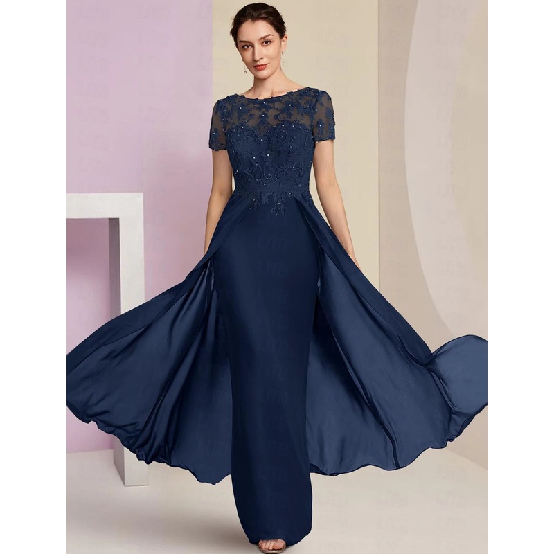 A-Line Mother of the Bride Dress Formal Wedding Guest Elegant Bateau Neck Floor Length Chiffon Lace Short Sleeve with Lace Beading Embroidery