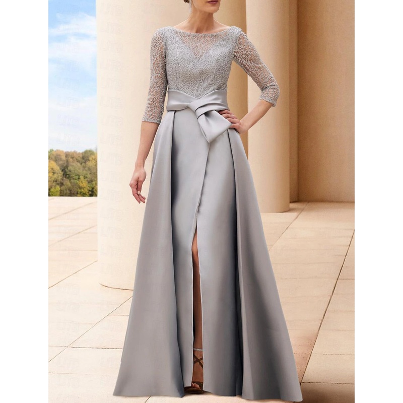 A-Line Mother of the Bride Dress Formal Wedding Guest Elegant Bateau Neck Floor Length Sequined Italy Satin 3/4 Length Sleeve with Bow(s) Pleats Crystals