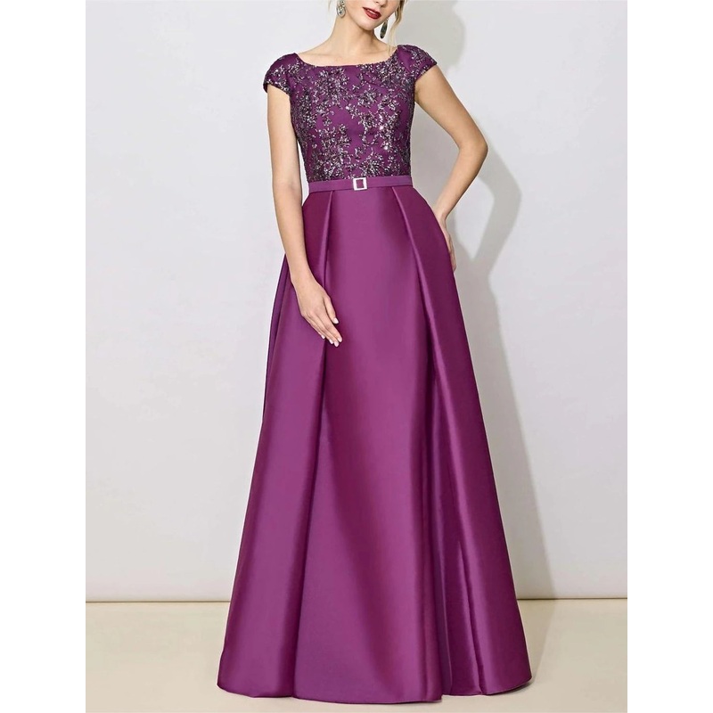 A-Line Mother of the Bride Dress Formal Wedding Guest Elegant Bateau Neck Floor Length Sequined Italy Satin Half Sleeve Cap Sleeve with Lace Sash / Ribbon Sequin