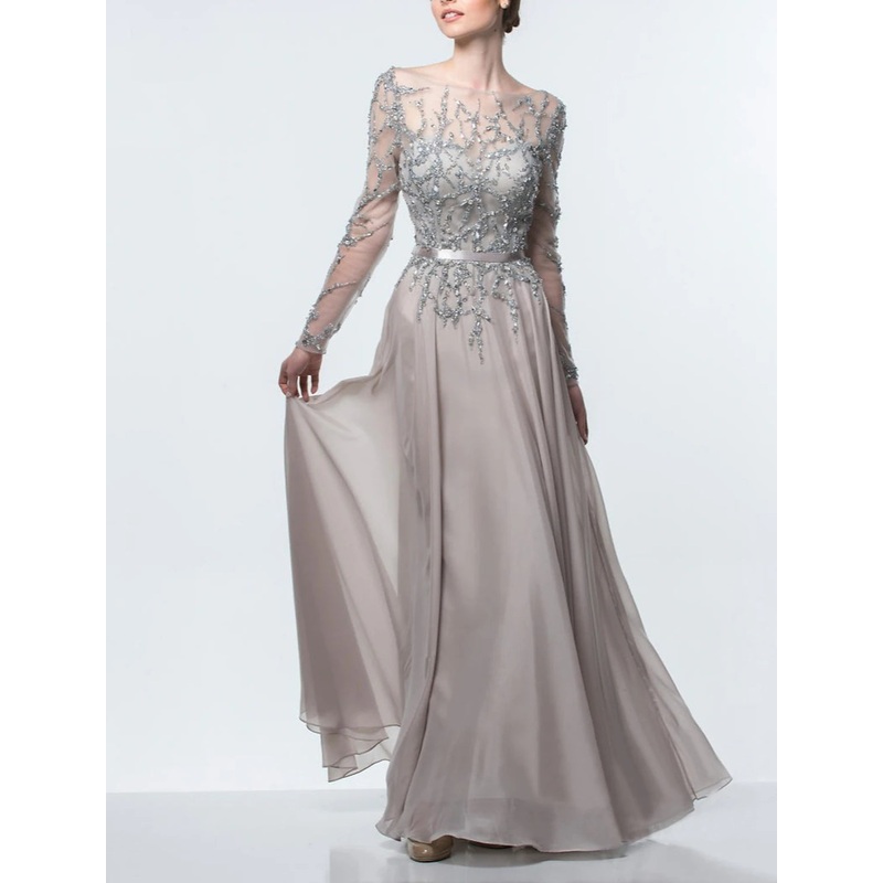 A-Line Mother of the Bride Dress Formal Wedding Guest Elegant Jewel Neck Floor Length Chiffon Sequined Long Sleeve with Sequin