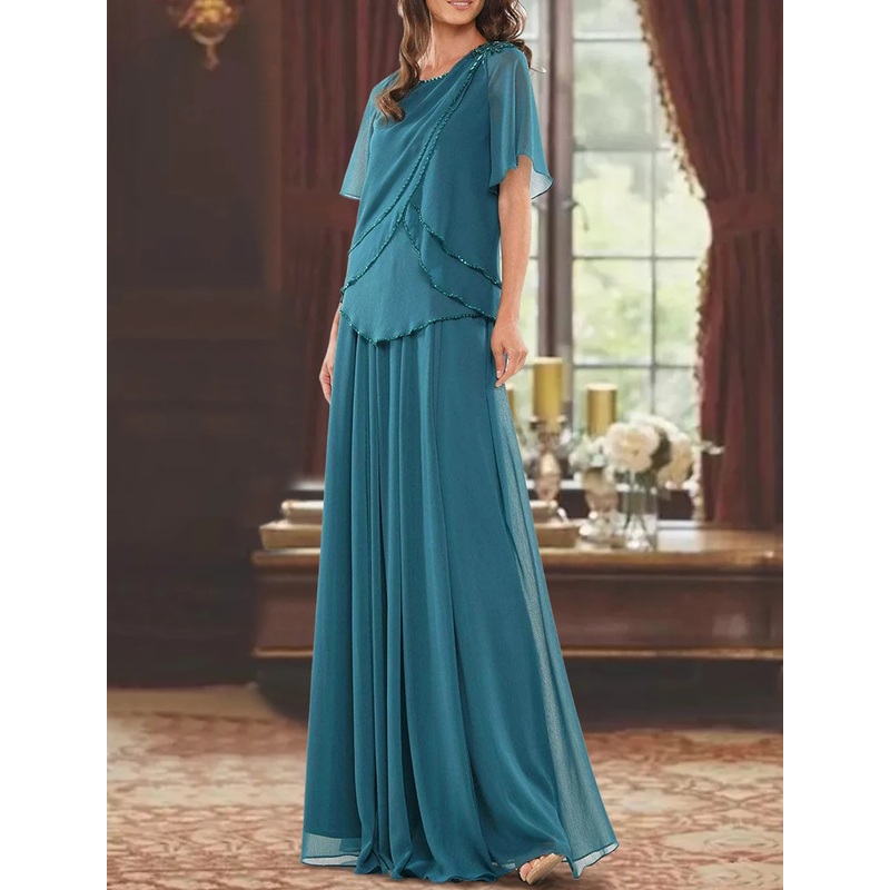 A-Line Mother of the Bride Dress Formal Wedding Guest Elegant Jewel Neck Floor Length Chiffon Short Sleeve with Pleats Beading