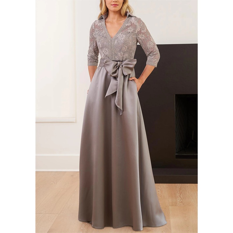 A-Line Mother of the Bride Dress Formal Wedding Guest Elegant Shirt Collar Floor Length Lace Sequined Italy Satin 3/4 Length Sleeve with Sash / Ribbon Bow(s) Sequin