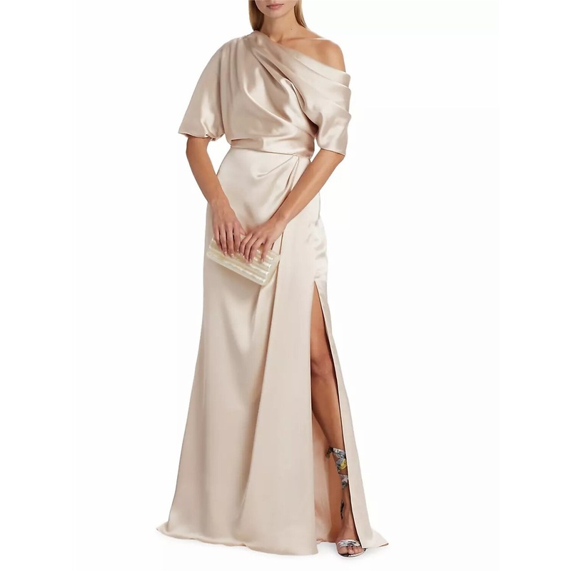 A-Line Mother of the Bride Dress Formal Wedding Guest Elegant Simple Off Shoulder Floor Length Charmeuse Short Sleeve with Side Draping Side-Draped Solid Color