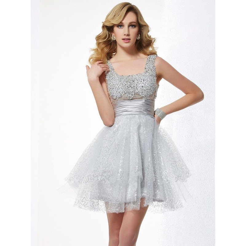 A-Line/Princess Straps Sleeveless Beading Short Elastic Woven Satin Homecoming Dresses