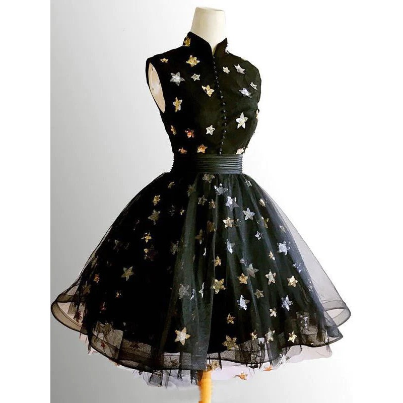 Black Tulle High Neckline Short Homecoming Dress Black Short Prom Dress