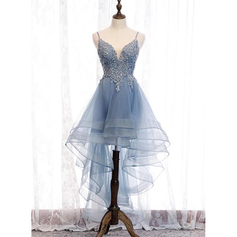 Blue High Low Tulle V-neckline Straps Party Dress with Lace, Cute Homecoming Dress