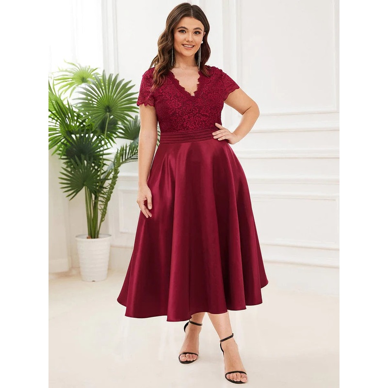Custom Size V-neck Lace Bodice A-line Cocktail Dress with Sleeves