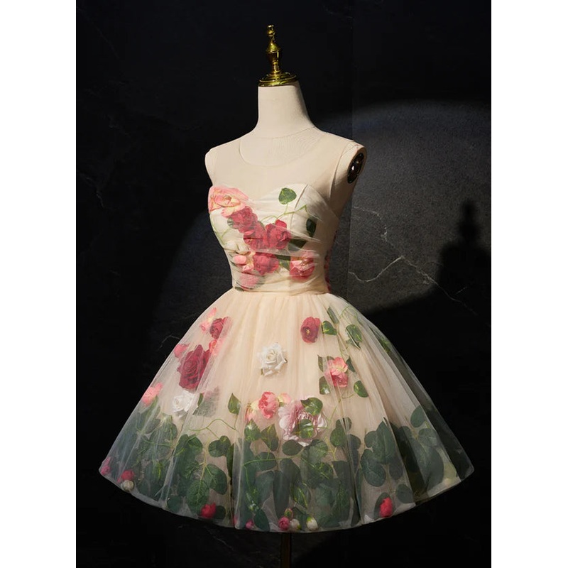 Cute Flowers Round Neckline Light Champagne Party Dress, Short Cute Prom Dress