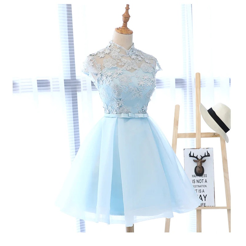 Cute Light Blue Tulle with Lace Party Dress , Beautiful Short Classical Formal Dress