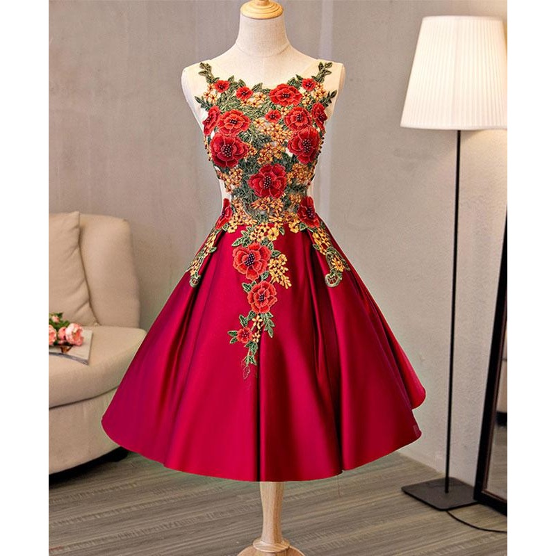 Cute Red Satin with Embroidery Knee Length Homecoming Dress, Short Party Dress