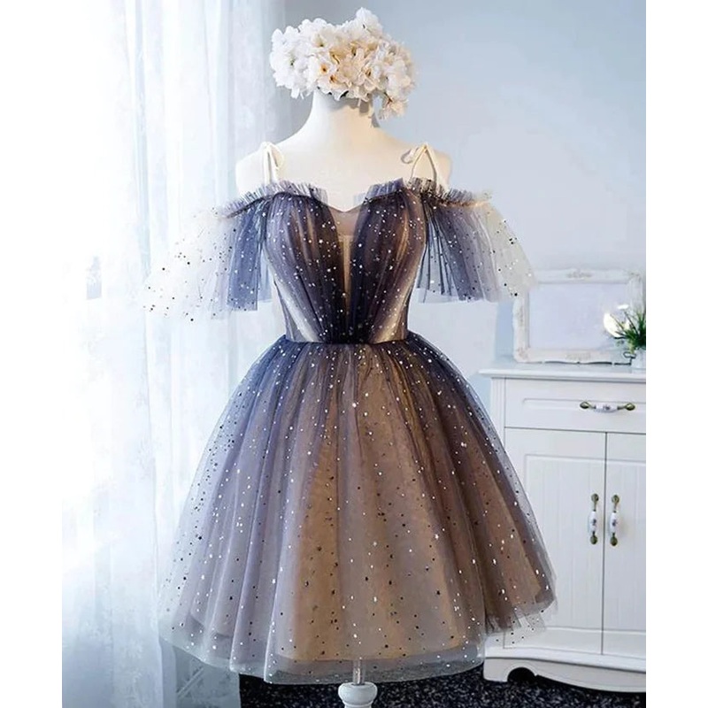 Cute Short Tulle Lace Spaghetti-Straps V-Neck Prom Dresses, Homecoming Dresses