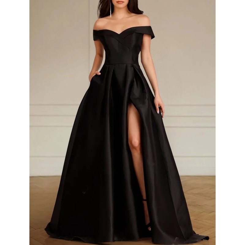 Engagement Formal Black Wedding Dresses A-Line Off Shoulder Sleeveless Sweep / Brush Train Satin Bridal Gowns With Pleats Split Front