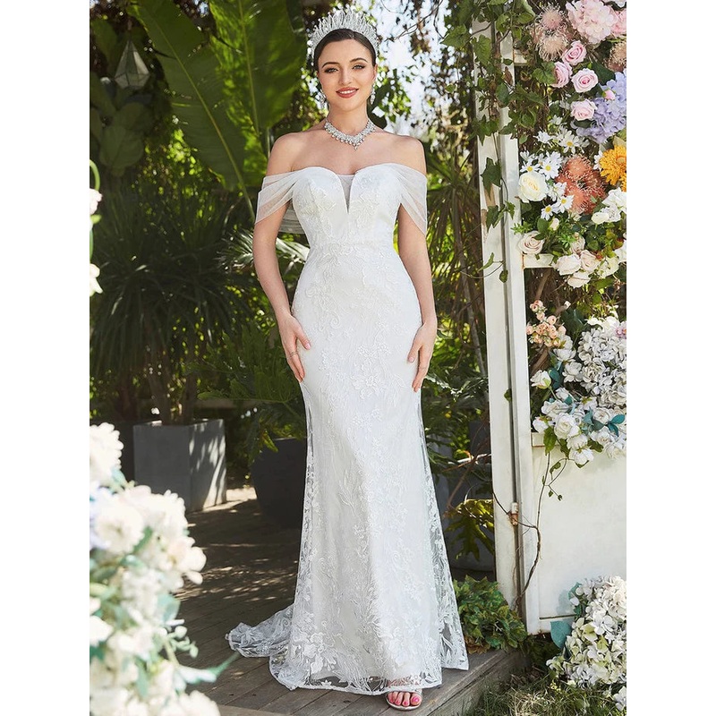 Floral Lace Off-Shoulder Fit and Flare Wedding Dress