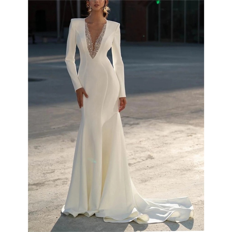 Formal Wedding Dresses Mermaid / Trumpet V Neck Long Sleeve Sweep / Brush Train Chiffon Bridal Gowns With Beading Solid Color