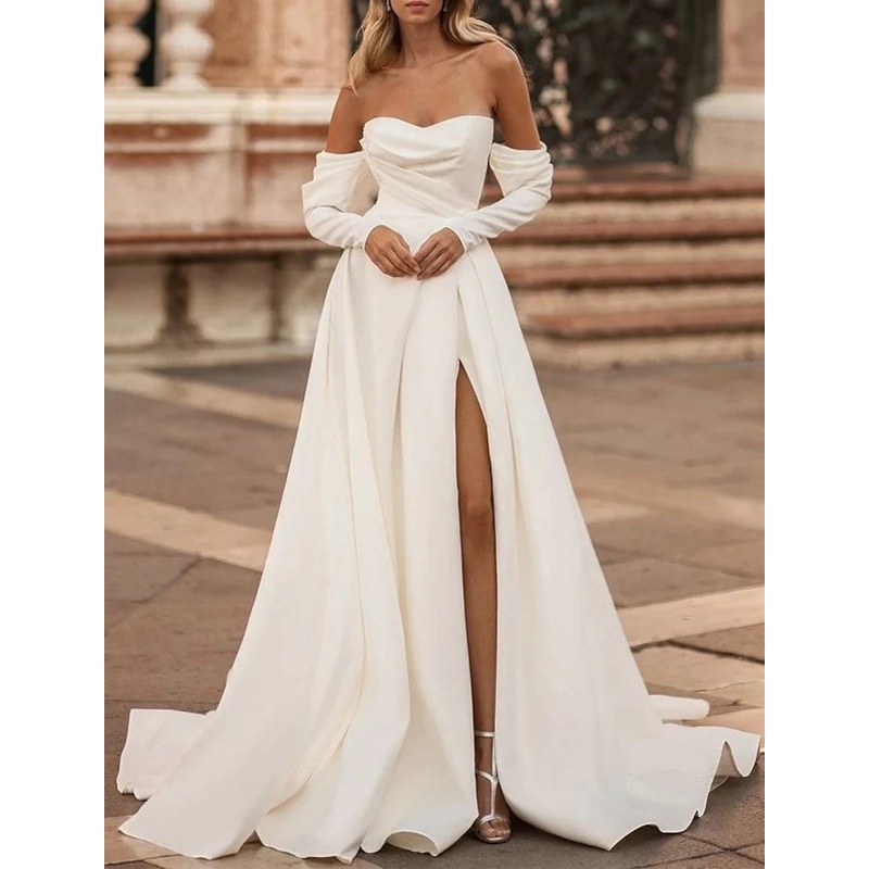 Hall Simple Wedding Dresses A-Line Off Shoulder Long Sleeve Court Train Satin Bridal Gowns With Split Front Solid Color