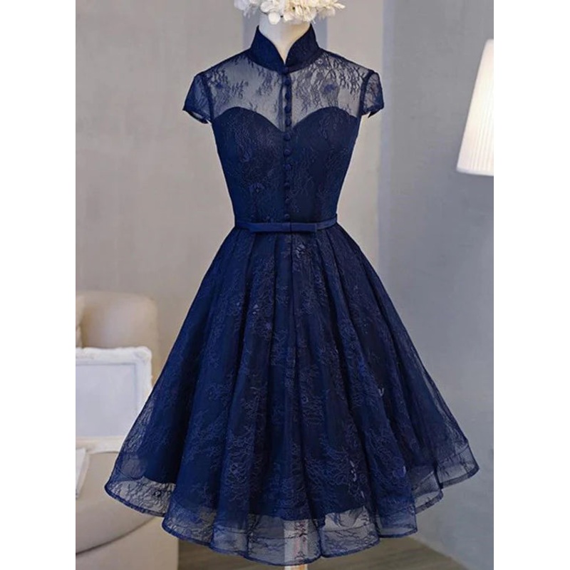 High Neck Homecoming Dress, Lace Dark Navy Lace-up Short Prom Dress