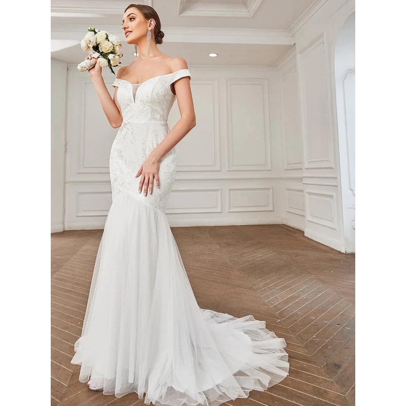 Lace Off the Shoulder Tulle Mermaid Wedding Dress