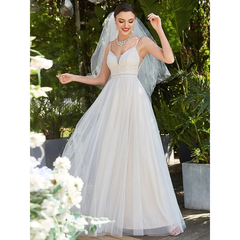 Lace V-Neck Spaghetti Strap Empire Waist Tulle Wedding Dress