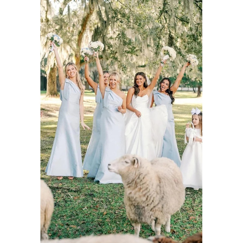 Light Blue One Shoulder Satin Sheath Long Bridesmaid Dresses