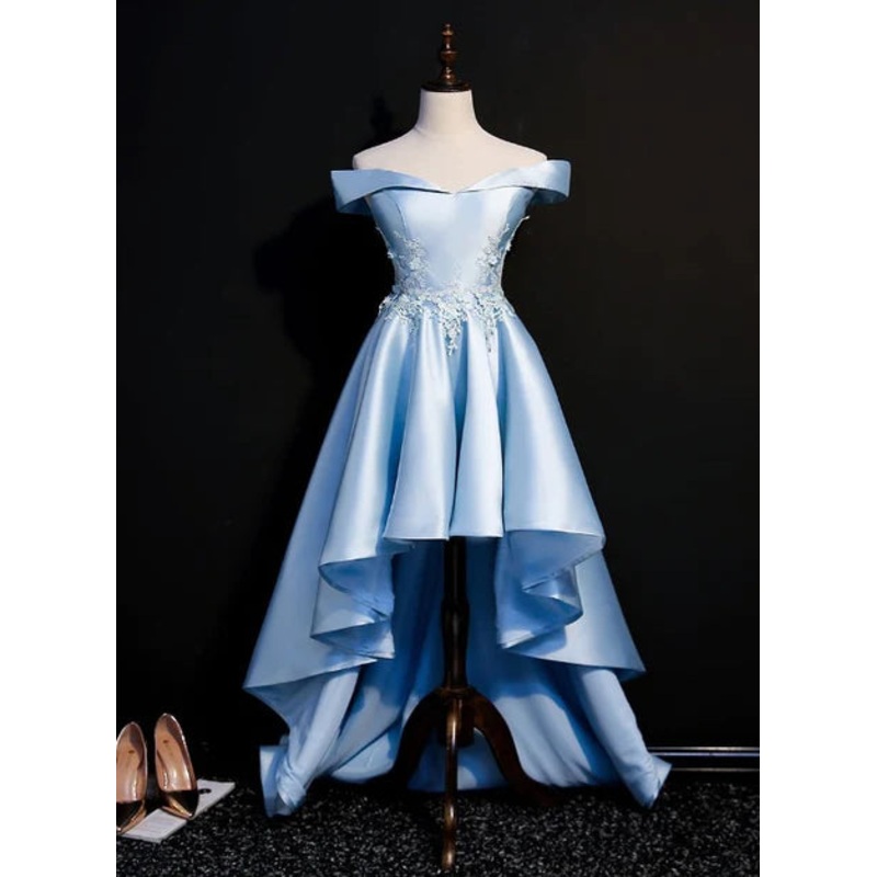 Light Blue Satin with Lace Applique High Low Homecoming Dress, Blue Short Off Shoulder Formal Dress