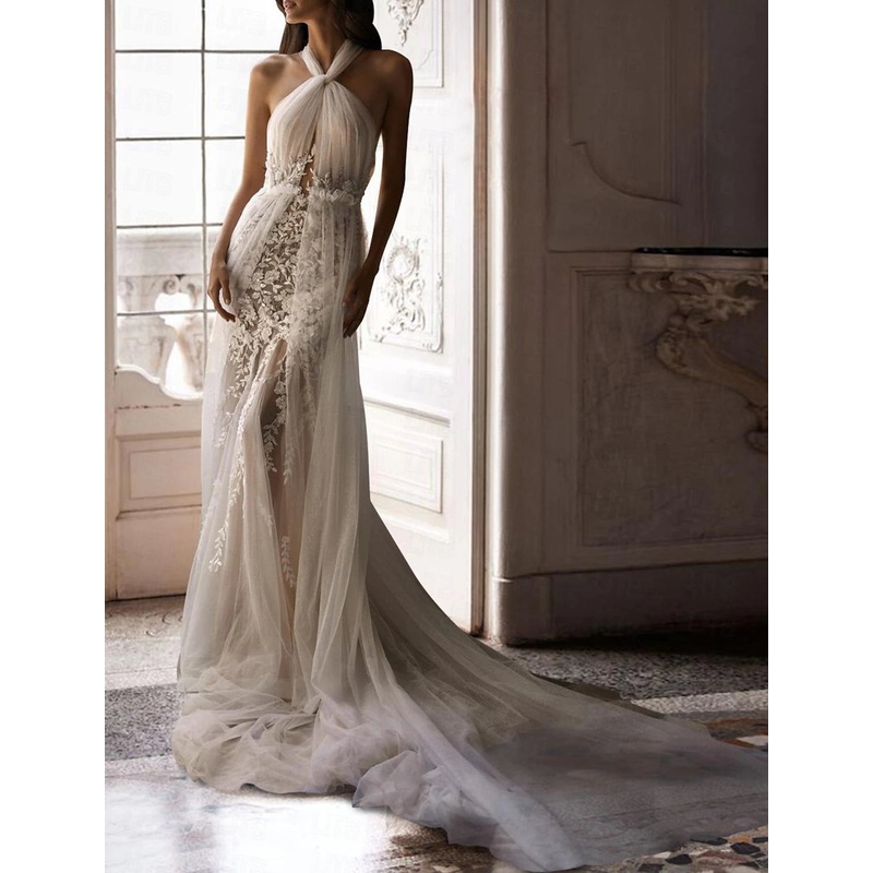 Little White Dresses Boho Wedding Dresses Sheath / Column Camisole Sleeveless Court Train Lace Bridal Gowns With Beading Embroidery