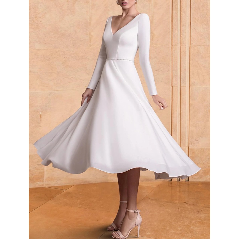 Little White Dresses Wedding Dresses A-Line V Neck Long Sleeve Tea Length Chiffon Bridal Gowns With Pleats Solid Color