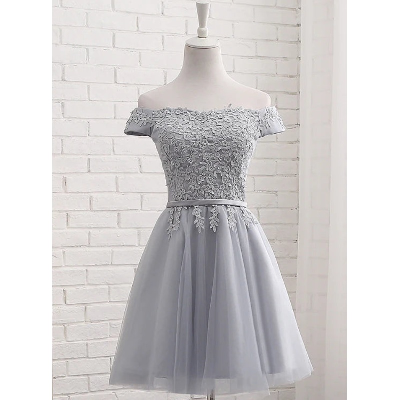 Lovely Grey Short Tulle Party Dress with Lace Applique, Bridesmaid Dresses Cute Formal Dress