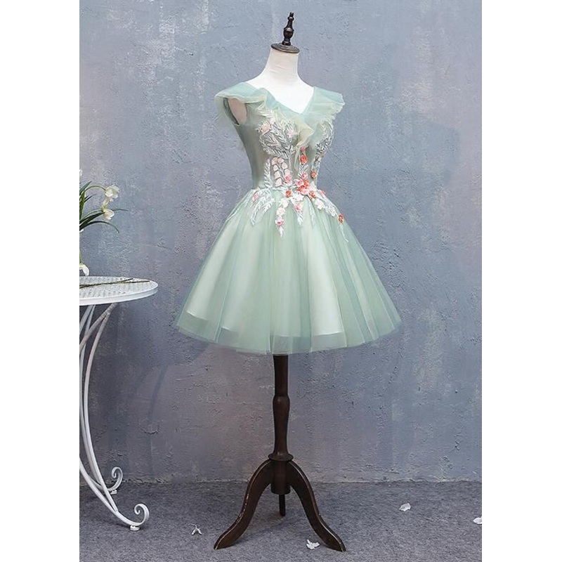Lovely Tulle V-Neck Flower Lace Party Dress Homecoming Dress Formal Dresses