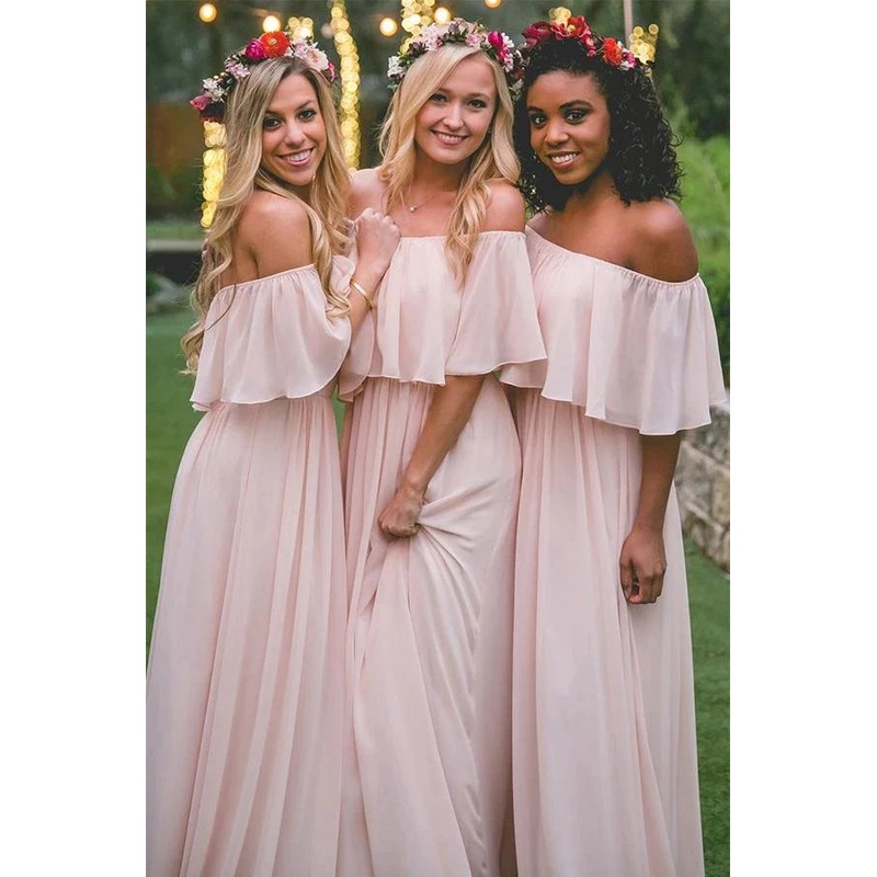 Off-the-shoulder Pastel Pink Ruffles Long Chiffon Bridesmaid Gowns,Floor-length Prom Dresses