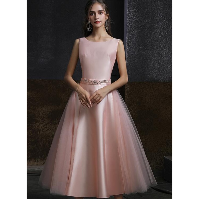 Pink Satin and Tulle V Back Tea Length Party Dress, Pink Wedding Party DressesPink Satin and Tulle V Back Tea Length Party Dress, Pink Wedding Party Dresses