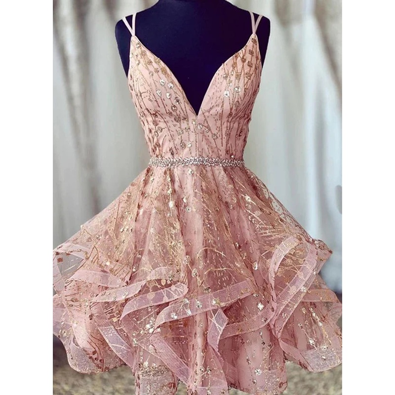 Pink Tulle Straps Lace-up Short Prom Dress Homecoming Dress Party Dress