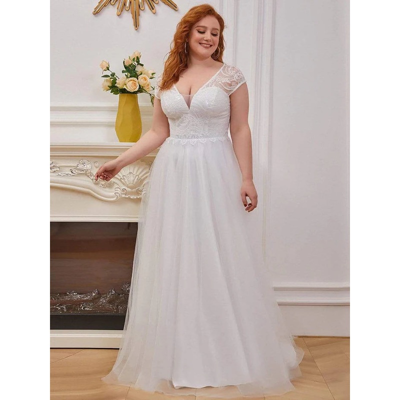 Plus Size Lace Cap Sleeves Casual Applique Outdoor Wedding Dress