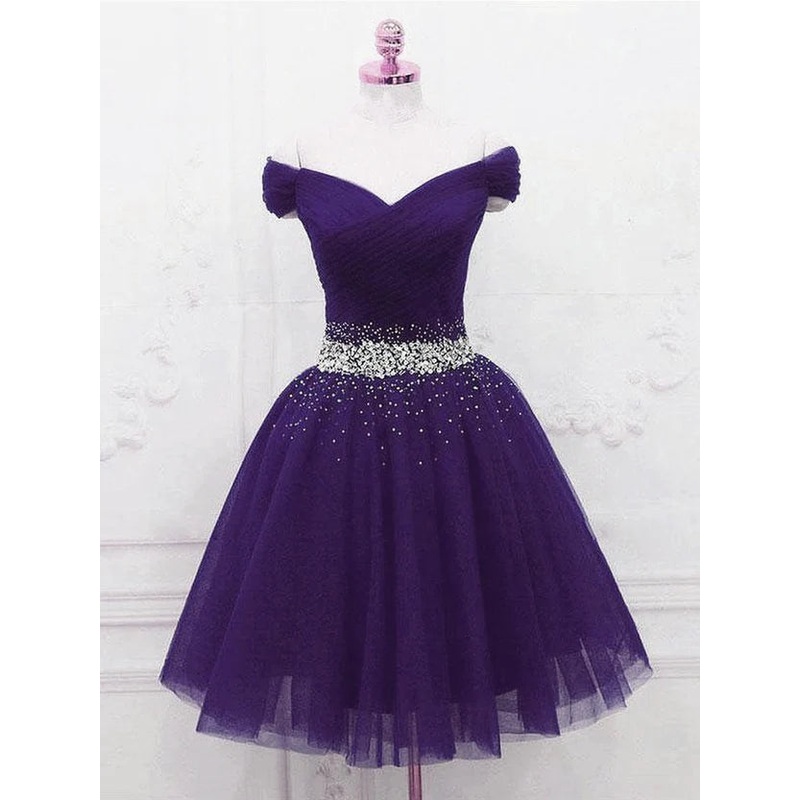 Purple Off Shoulder Sweetheart Knee Length Beaded Tulle Homecoming Dress Prom Dress