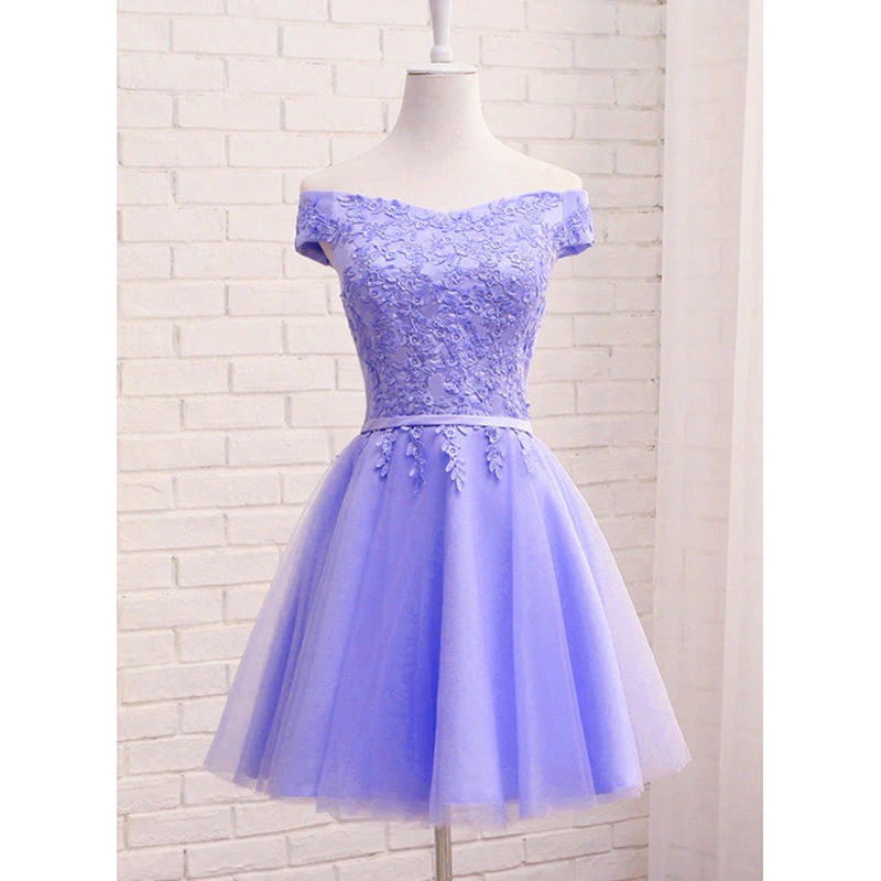 Purple Short Sleeves Lace Off Shoulder Party Dress Cute Purple Homecoming Dress