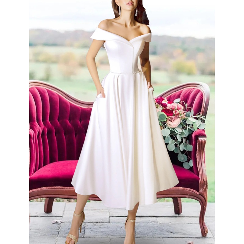 Reception Little White Dresses Wedding Dresses A-Line Off Shoulder Cap Sleeve Tea Length Satin Bridal Gowns With Sashes / Ribbons