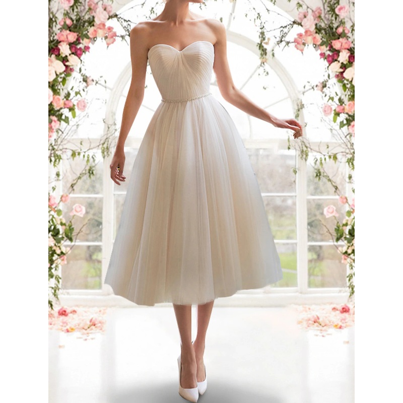 Reception Little White Dresses Wedding Dresses A-Line Sweetheart Strapless Tea Length Tulle Bridal Gowns With Sashes / Ribbons Pleats