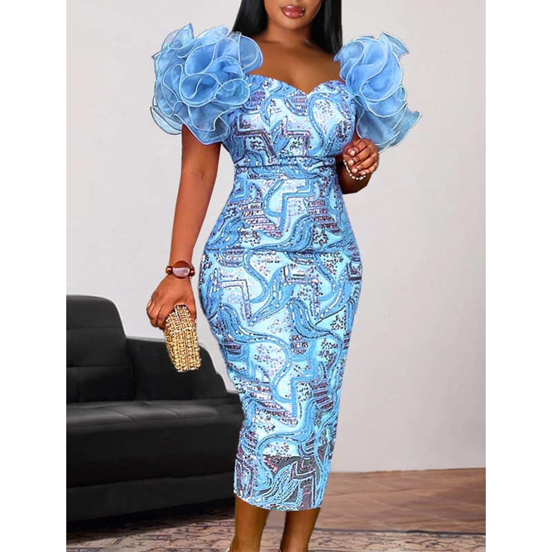 Sheath / Column Party Dresses Floral Dress Cocktail Party Wedding Party Tea Length Sleeveless Off Shoulder Sequined with Sequin