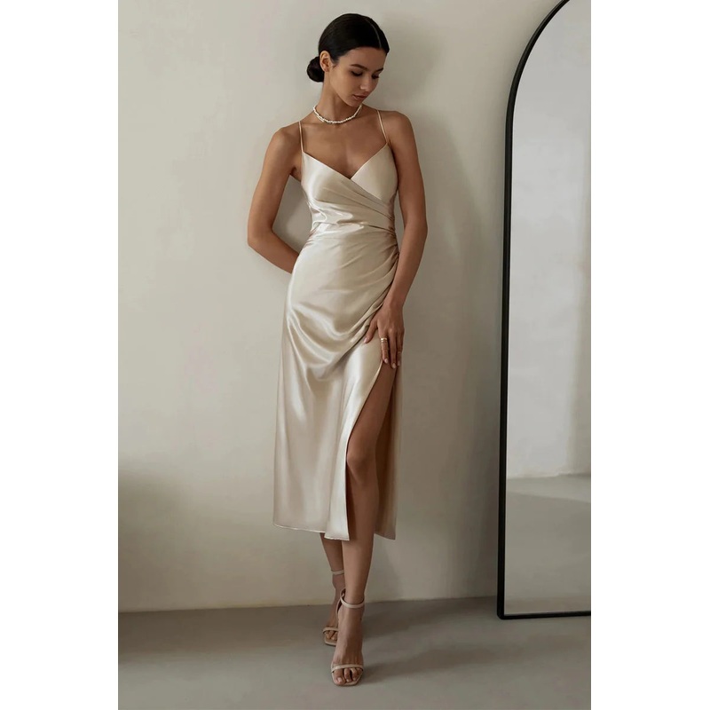 Sheath V Neck Champagne Silk Satin Evening Dress with Slit, Bridesmaid Dresses