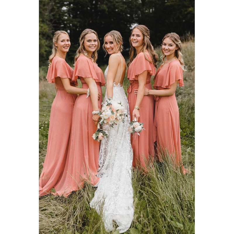 Simple A-Line Coral Chiffon Long Bridesmaid Dresses