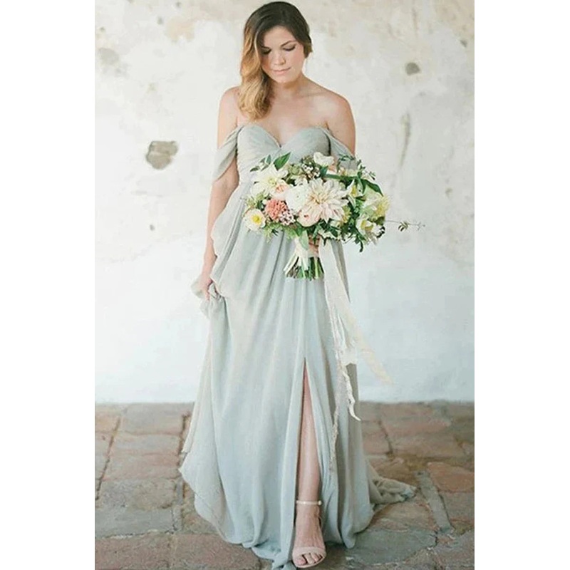 Simple A-Line Off the Shoulder Chiffon Long Bridesmaid Dresses with Split