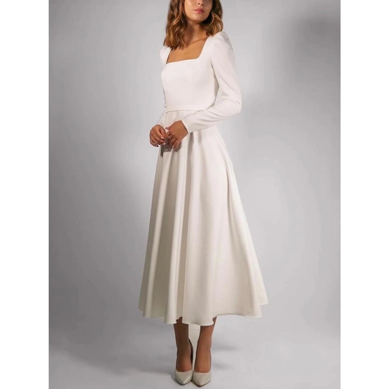 Simple Wedding Dresses A-Line Square Neck Long Sleeve Tea Length Stretch Fabric Bridal Gowns With Pleats Solid Color