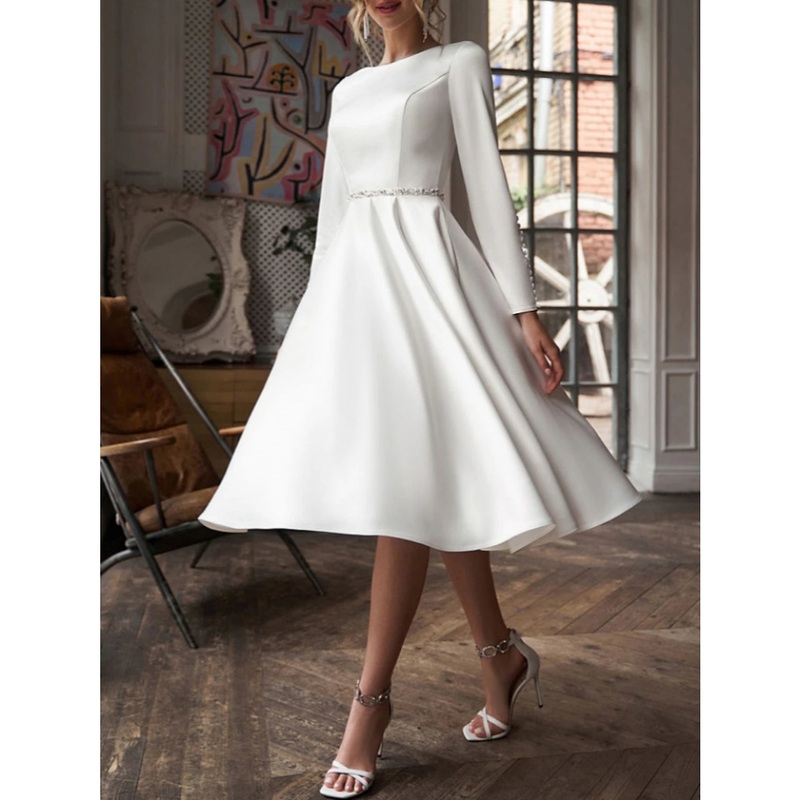 Simple Wedding Dresses Little White Dresses A-Line Scoop Neck Long Sleeve Knee Length Satin Bridal Gowns With Pleats Beading