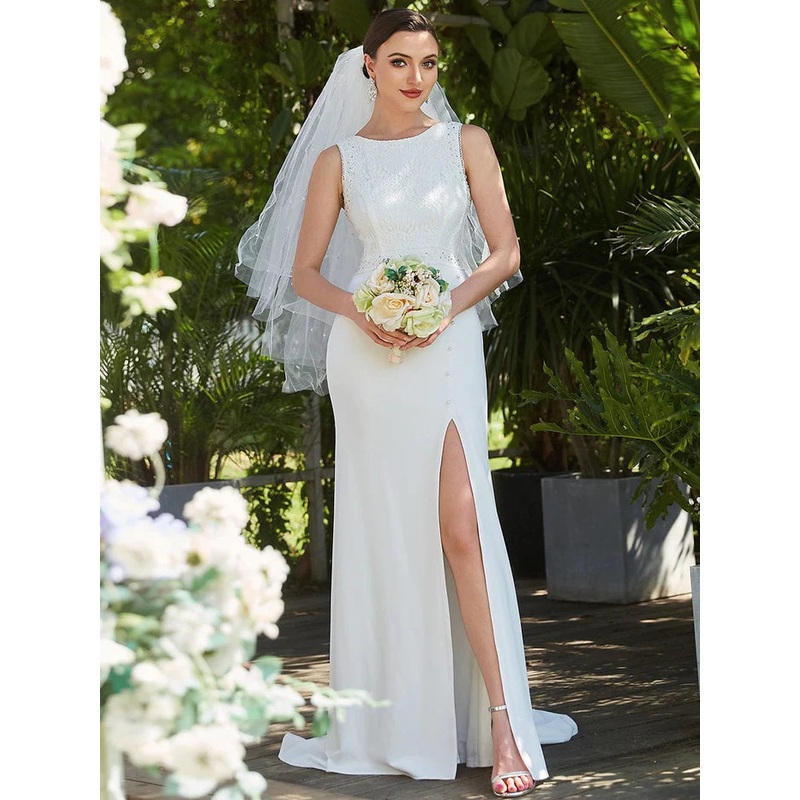Sleeveless Floral Lace High Neck Side Slit Casual Wedding Dress