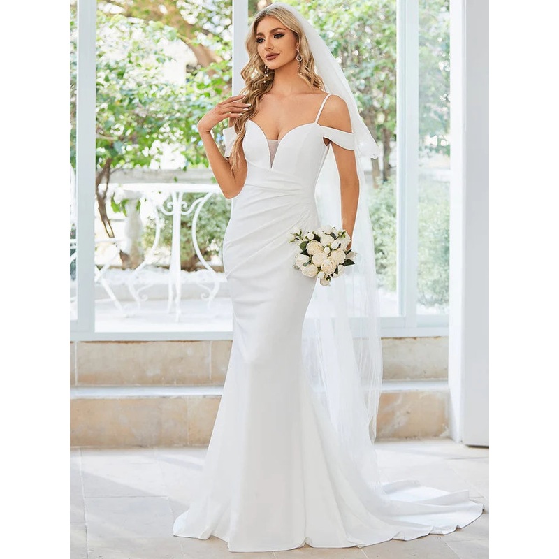 Spaghetti Strap Mermaid Pleated Deep V-Neck Wedding Dress