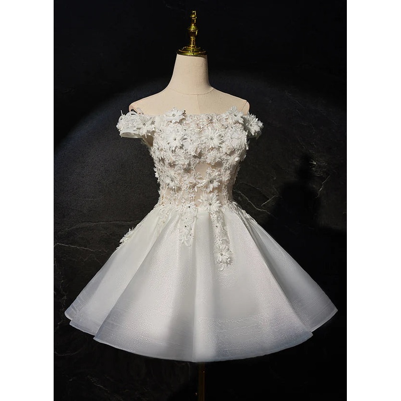White Short Flowers Lace Short Party Dress, White Graduation Dress Prom Dress