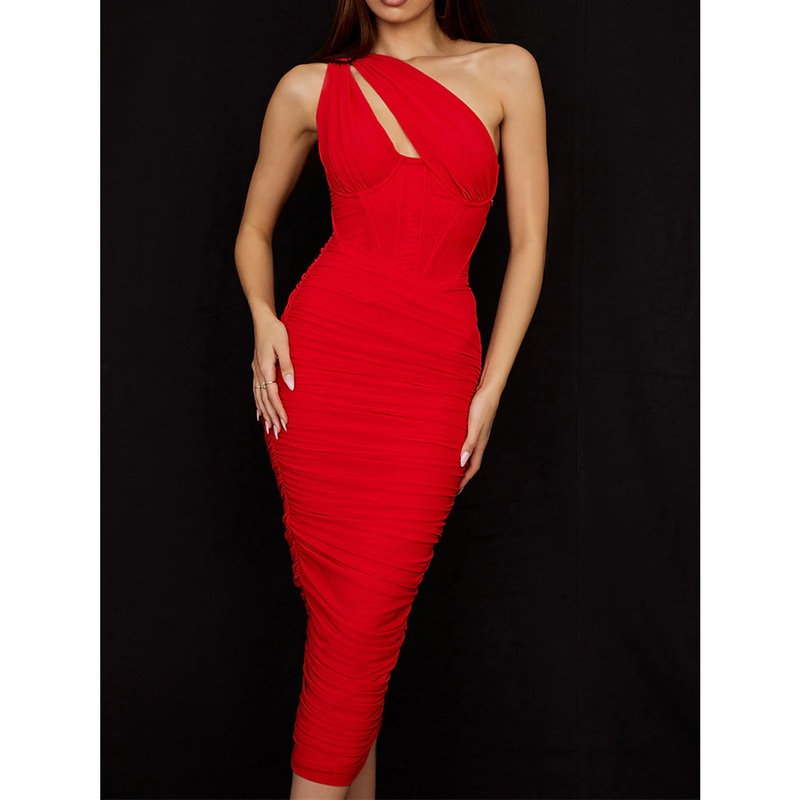 Women's Christmas Party Dress New Year's Eve Dress Corset Dress Cocktail Dress Midi Dress Black White Yellow Sleeveless Ruched Spring Fall Winter One Shoulder Birthday