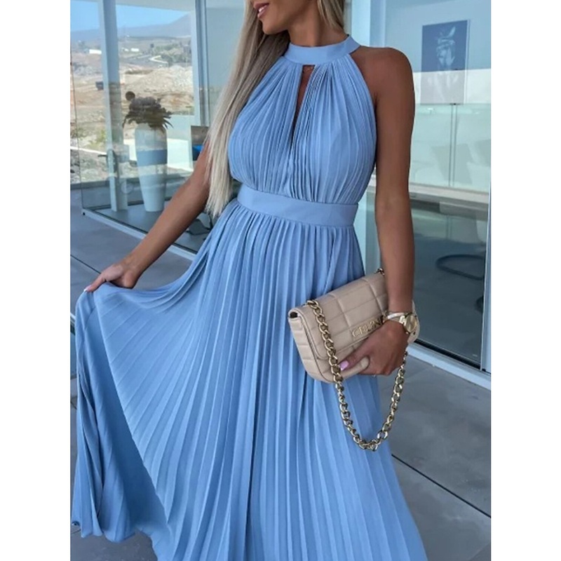 Women's Long Dress Maxi Dress Party Dress Casual Dress Summer Dress Pure Color Streetwear Casual Outdoor Holiday Going out Ruched Pleated Sleeveless Halter Neck Dress Slim Pink Blue Summer Spring