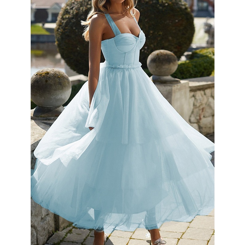 Women's Party Dress Cocktail Dress Wedding Guest Dress Midi Dress Pink Light Blue Sleeveless Pure Color Mesh Spring Fall Winter Spaghetti Strap Fashion Winter Dress Wedding Guest Birthday